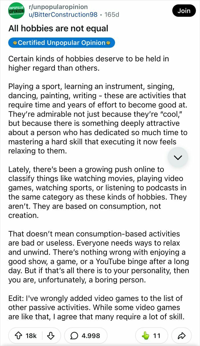 Unpopular opinion about hobbies not being equal, with bold takes on everyday things.