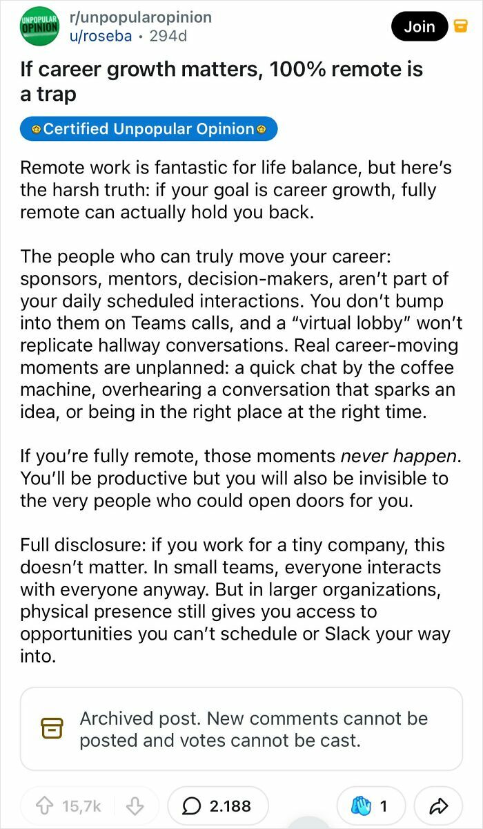A Reddit post sharing a bold take that states 100% remote work is a trap for career growth.