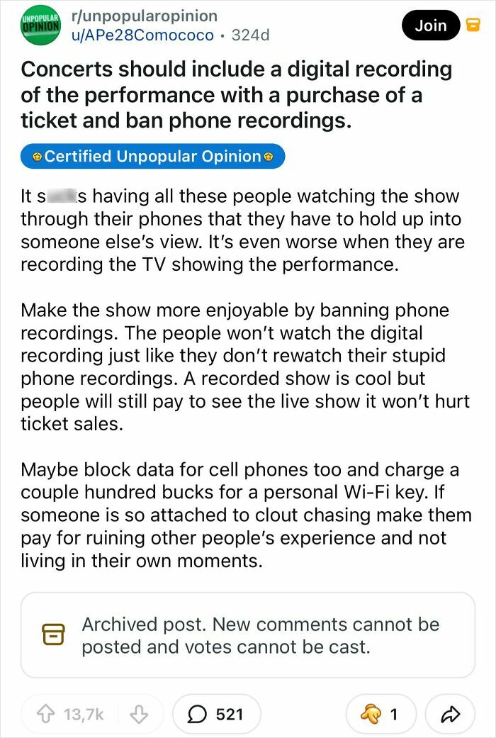 A Reddit post with the bold take that concerts should include digital recordings. See everyday things.