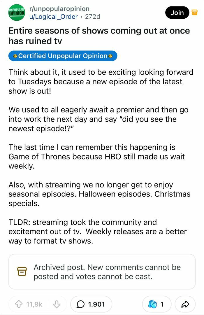 A bold take on everyday things: entire seasons of shows released at once have ruined TV, impacting anticipation and seasonal enjoyment.