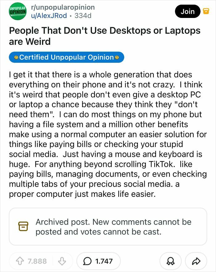 A Reddit post sharing a bold take that people not using desktops or laptops are weird, changing how you see tech.