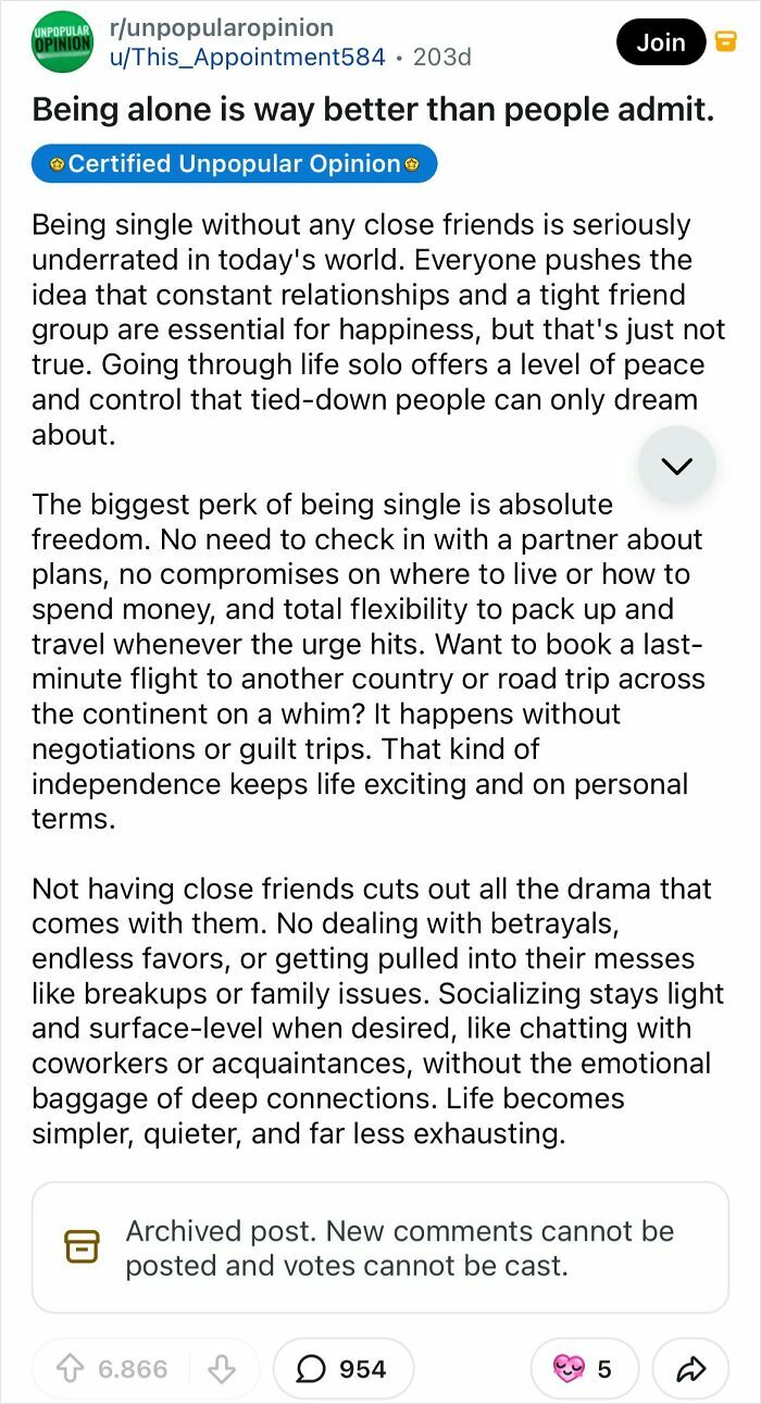 Screenshot of a Reddit post with a bold take about being alone.