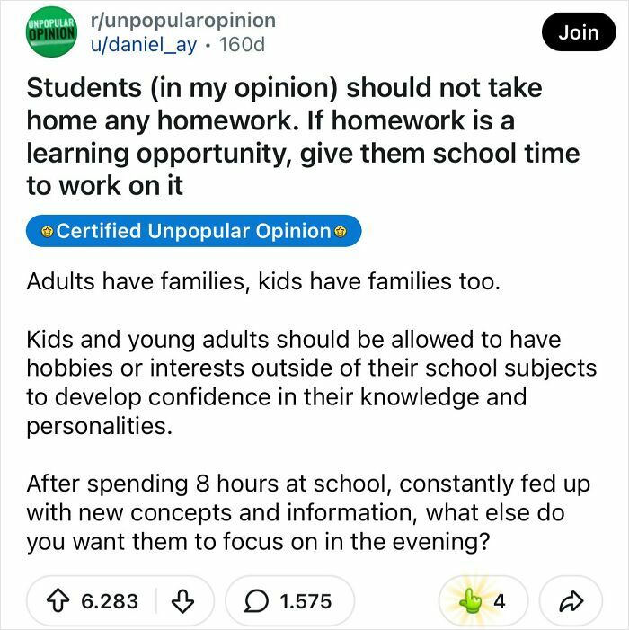 A Reddit post about bold takes, specifically an unpopular opinion that students should not take homework home.