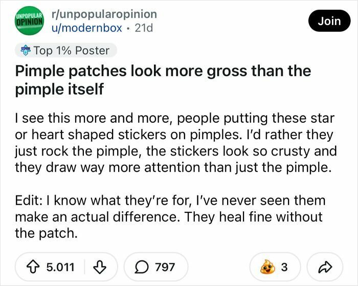A Reddit post sharing a bold take that pimple patches look more gross than the pimple itself.