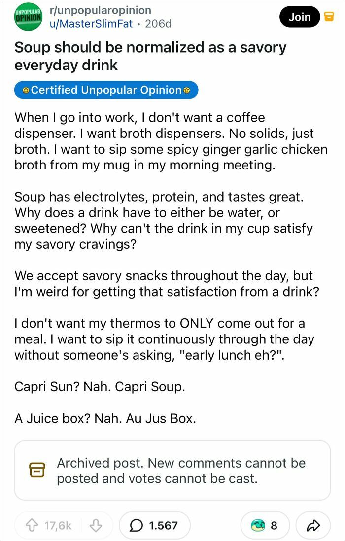 Unpopular opinion about normalizing soup as a savory everyday drink, covering new posts.