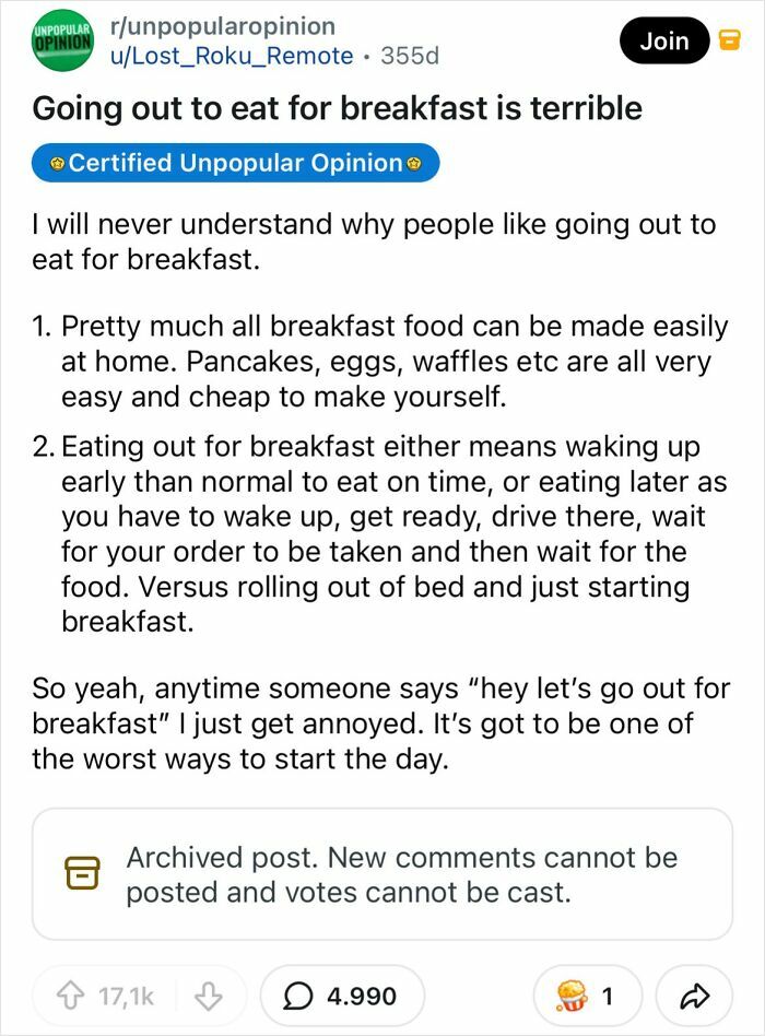 Unpopular opinion about going out for breakfast, highlighting everyday things and new posts.