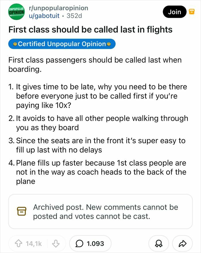 A Reddit post discussing a bold take that suggests first class passengers should board last in flights.