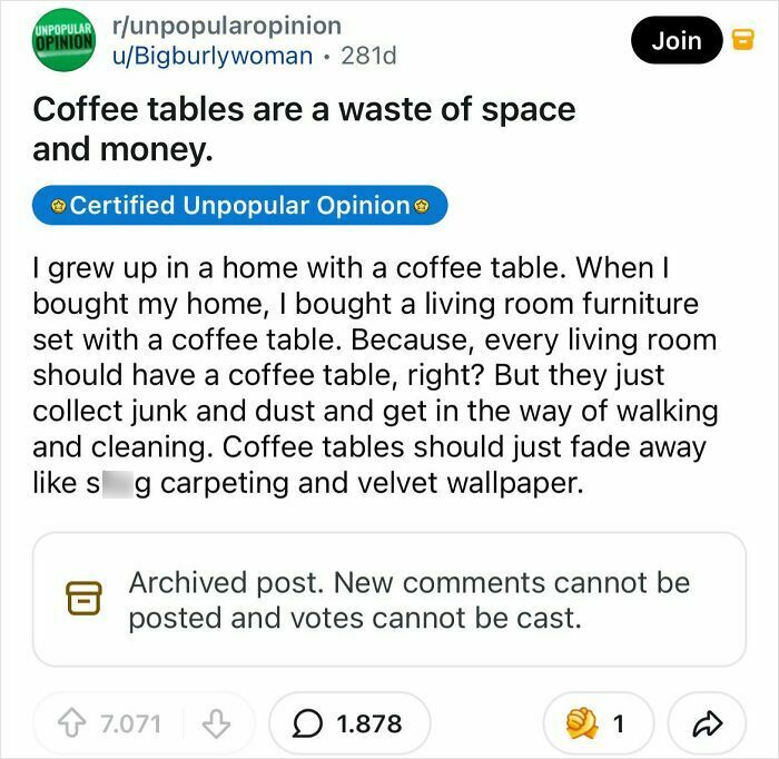 Screenshot of a Reddit post sharing a bold take on coffee tables.