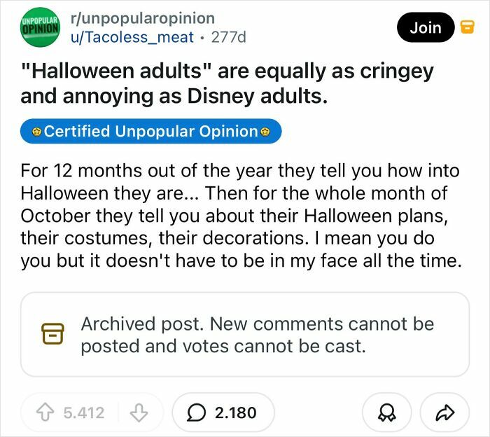 A Reddit post presenting a bold take about Halloween adults being cringe-worthy.