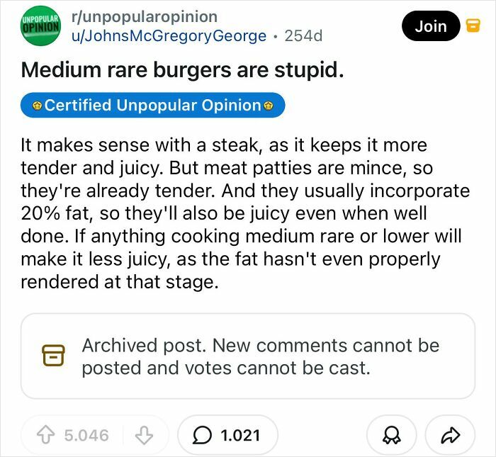 A Reddit post discussing a bold take about medium rare burgers and how they are perceived.
