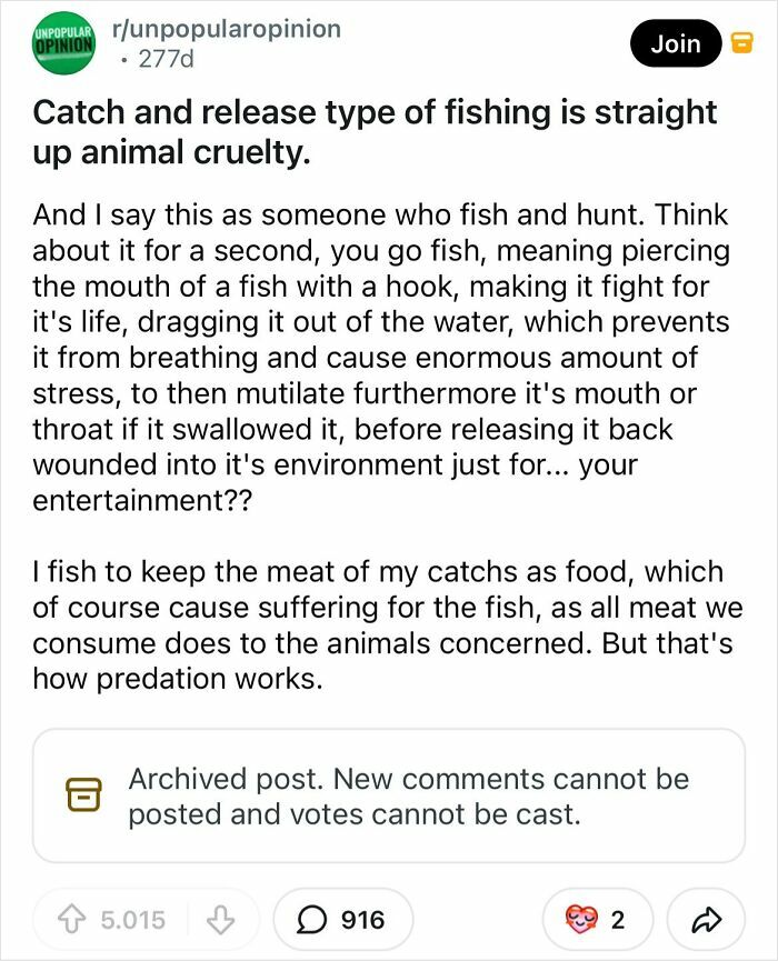 A Reddit post outlining a bold take that catch and release fishing is animal cruelty, contrasting it with fishing for food.