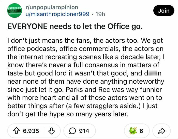 A Reddit post expressing a bold take that The Office should be let go, arguing it wasn't that good.