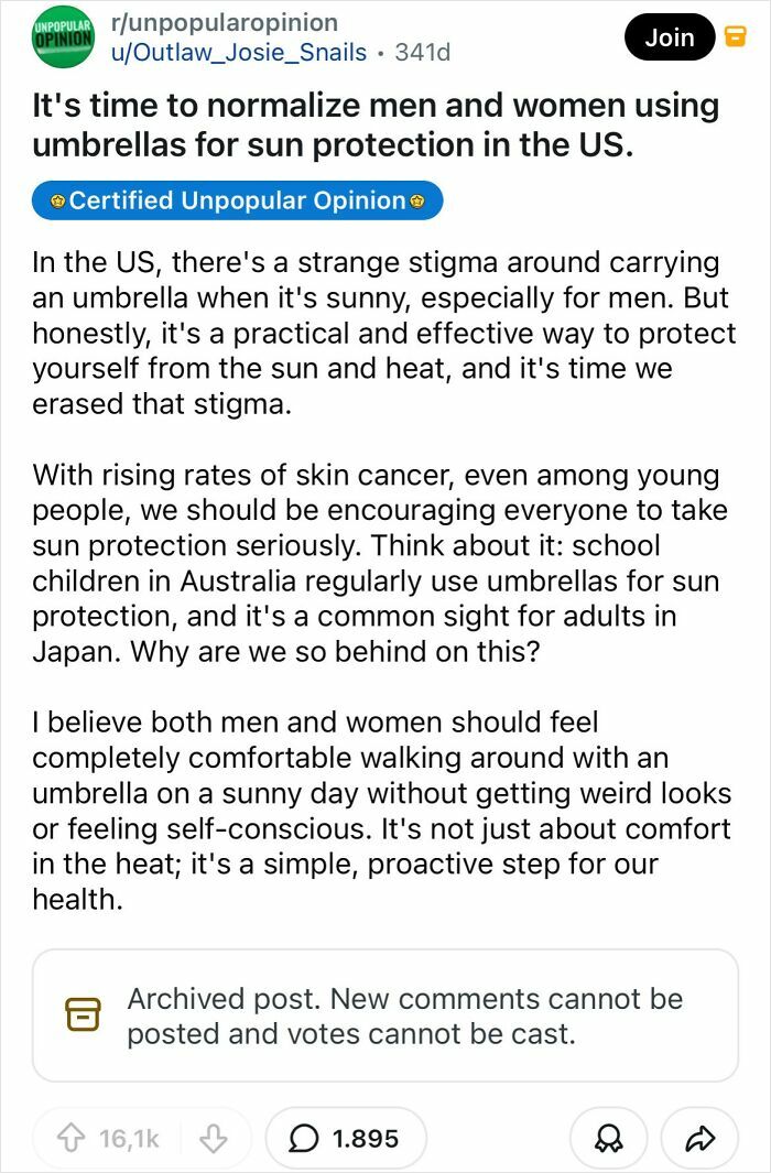 A Reddit post with a bold take advocating for men and women to normalize using umbrellas for sun protection.