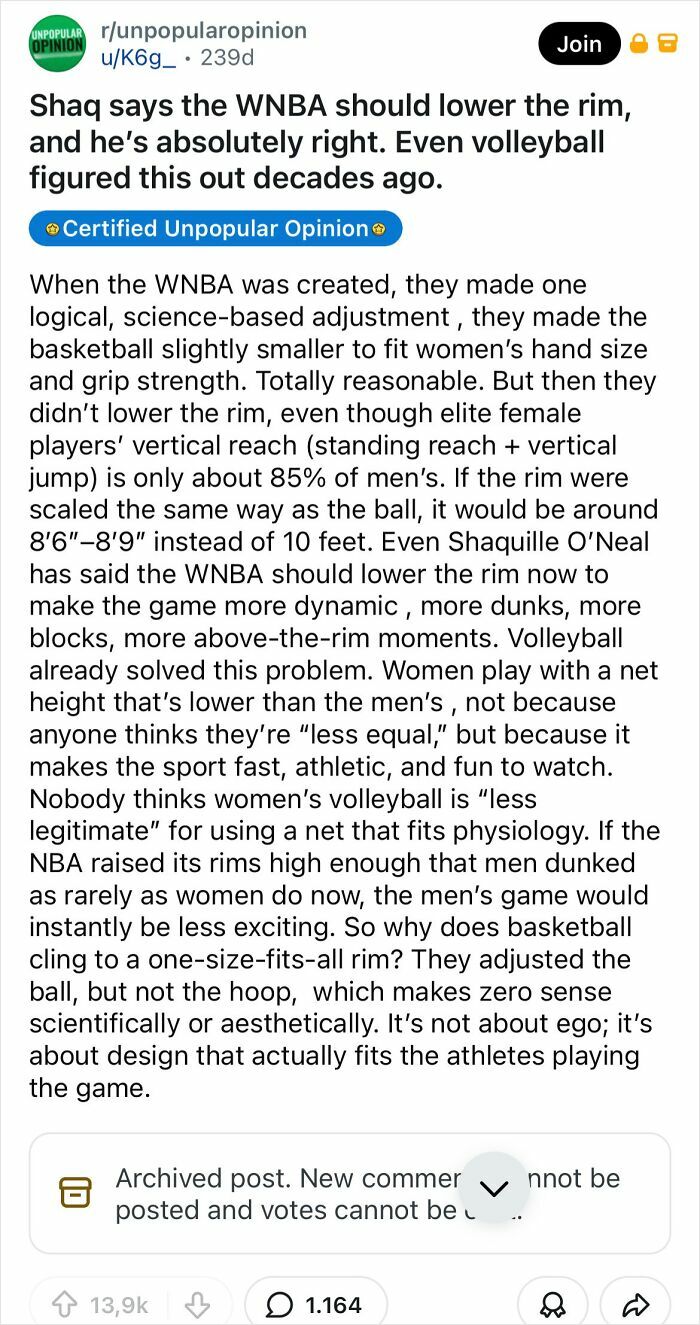 A Reddit post with the bold take that the WNBA should lower the rim. See everyday things.