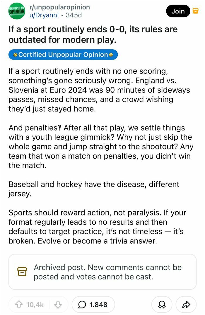 A bold take arguing sports rules are outdated if games routinely end 0-0, which may change your view of modern play.
