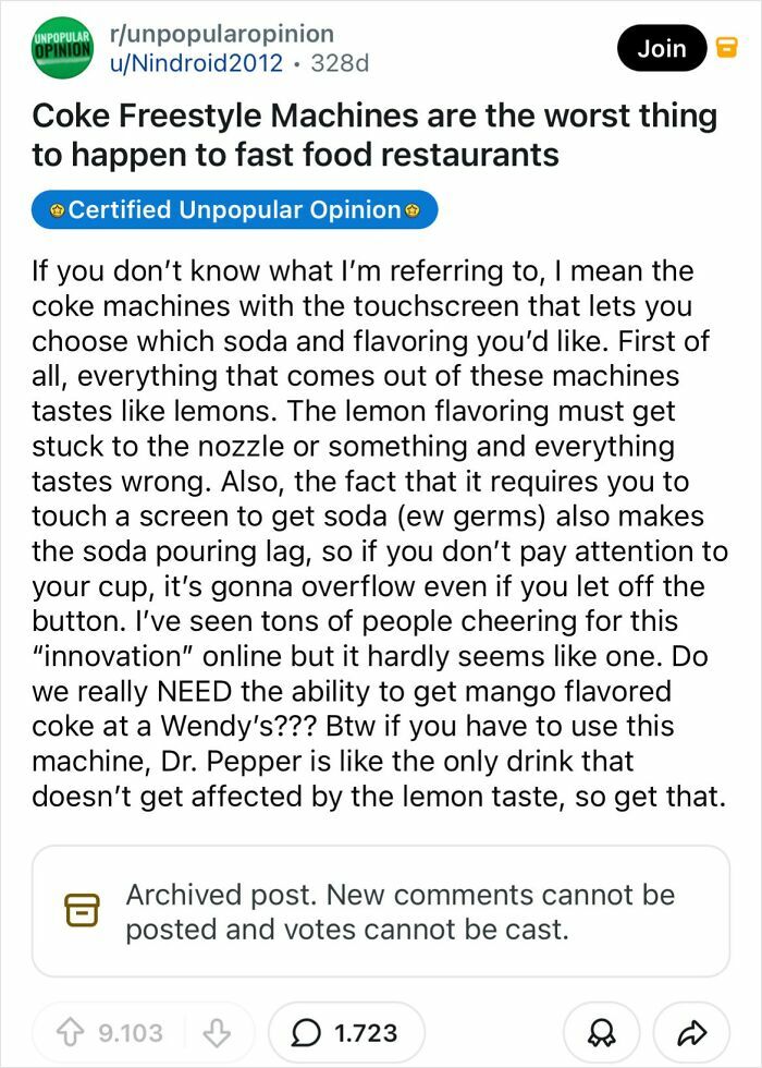 A Reddit post discussing why Coke Freestyle Machines are the worst, a bold take on everyday things.