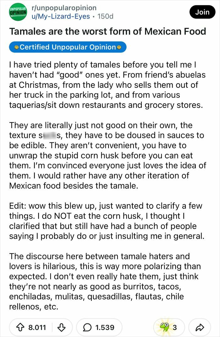 A Reddit post declares tamales the worst Mexican food, a bold take that may change how you see everyday things.