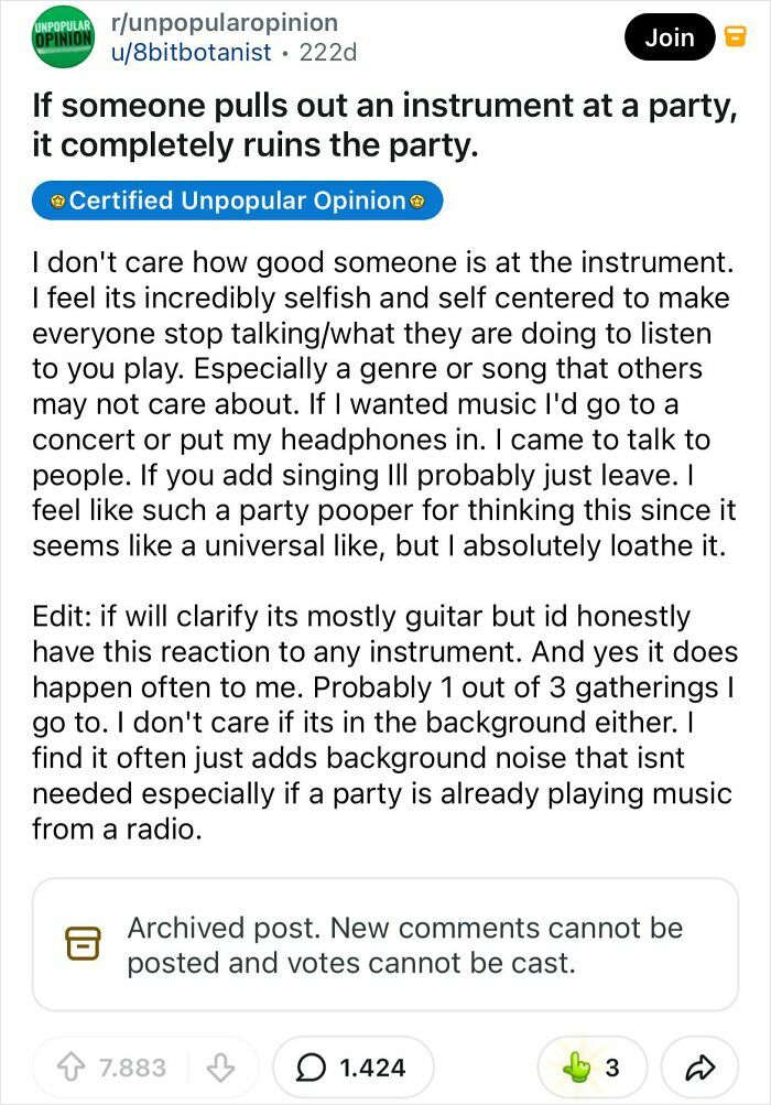 A Reddit post expressing the bold take that an instrument at a party completely ruins it, changing how you see gatherings.
