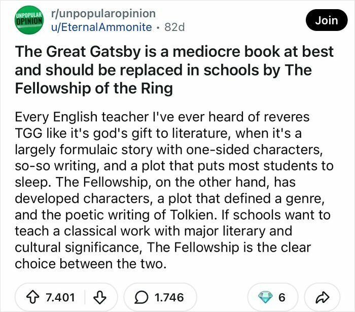 A bold take from Reddit suggests The Great Gatsby is a mediocre book, proposing to change how you see literature.