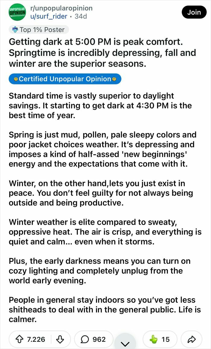 Screenshot of a Reddit post about bold takes on daylight savings and seasons.