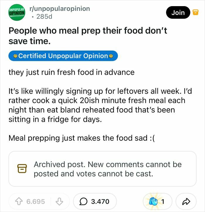 Screenshot of a Reddit post discussing bold takes on meal prepping food.