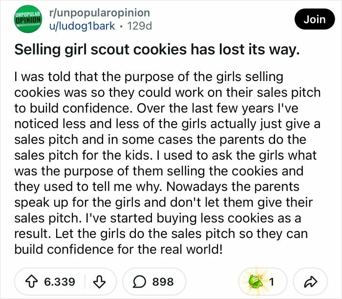 A Reddit post expressing a bold take that selling girl scout cookies has lost its way, impacting how people see everyday things.