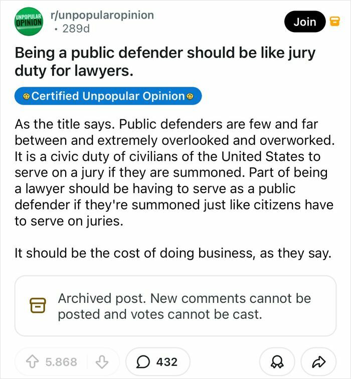 A Reddit post about bold takes, discussing the unpopular opinion that public defender service should be like jury duty.
