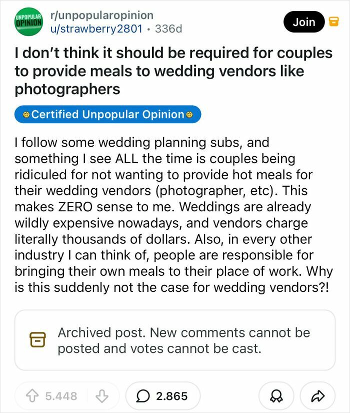 An opinion on providing meals to wedding vendors, a bold take changing the way people see everyday things.
