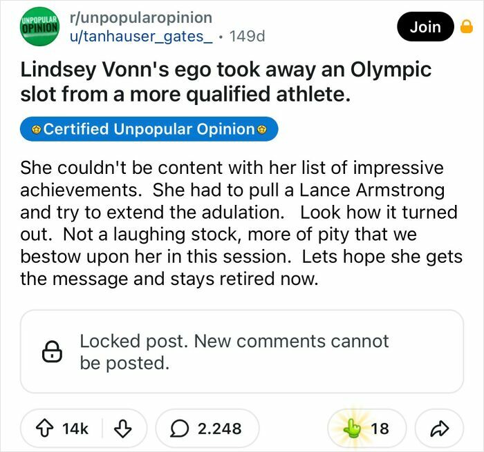 A Reddit post with the bold take that Lindsey Vonn's ego took an Olympic slot. See everyday things.