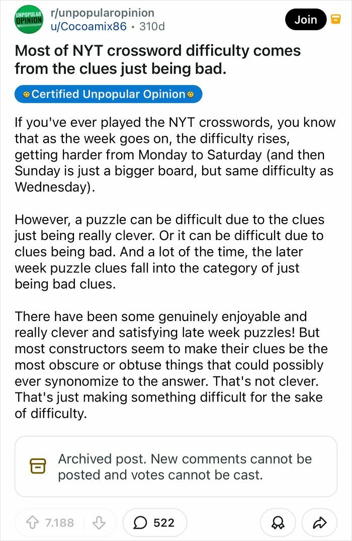 Screenshot of a Reddit post offering bold takes on NYT crossword puzzles.