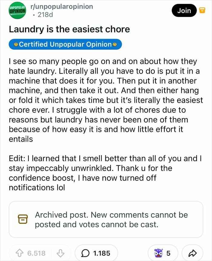A Reddit post arguing that laundry is the easiest chore, providing a bold take that may change how you see everyday things.