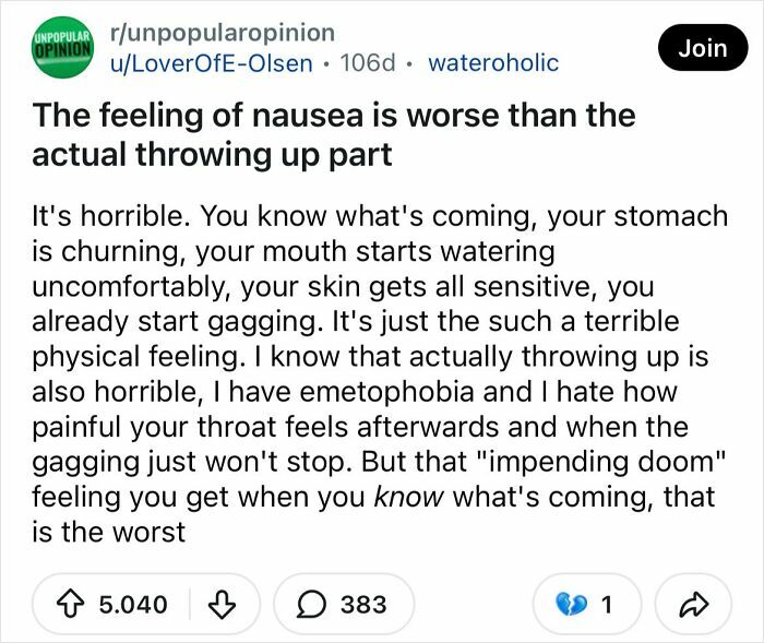 A Reddit post about a bold take that the feeling of nausea is worse than throwing up.