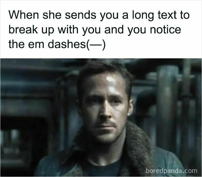 Funny AI meme: Ryan Gosling looking serious and reflective, conveying a relatable reaction to a breakup text.