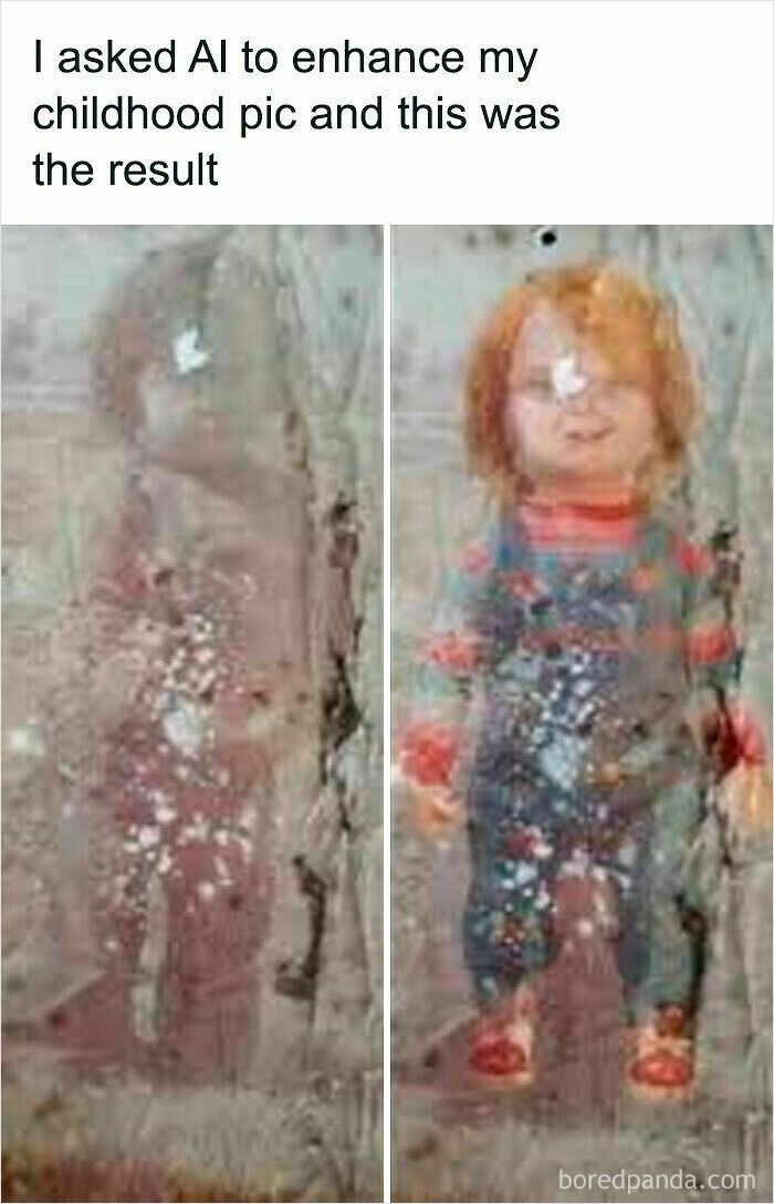 A funny AI meme showing a blurry childhood photo enhanced by AI, resulting in a Chucky doll.