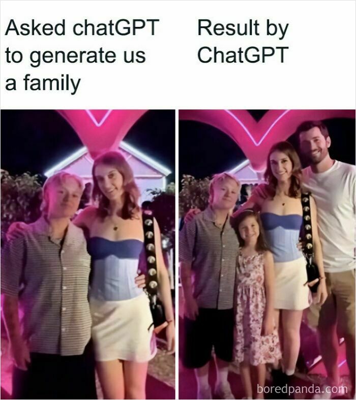 Funny AI meme showing ChatGPT generating a family, a relatable AI meme about AI generation.