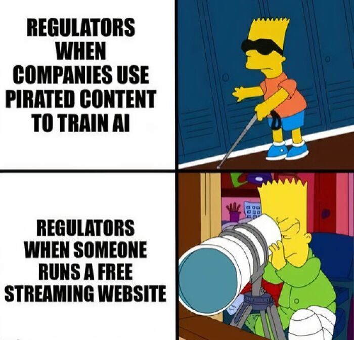 Relatable AI meme illustrating how regulators react to AI using pirated content versus free streaming.