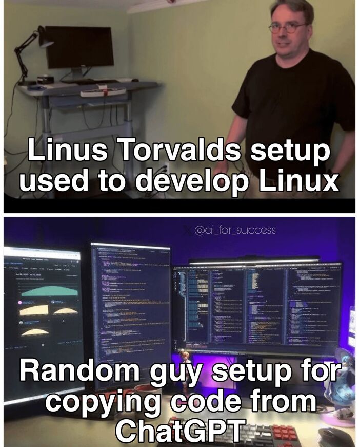 Relatable AI meme comparing Linus Torvalds' simple setup to a modern coding setup for AI.