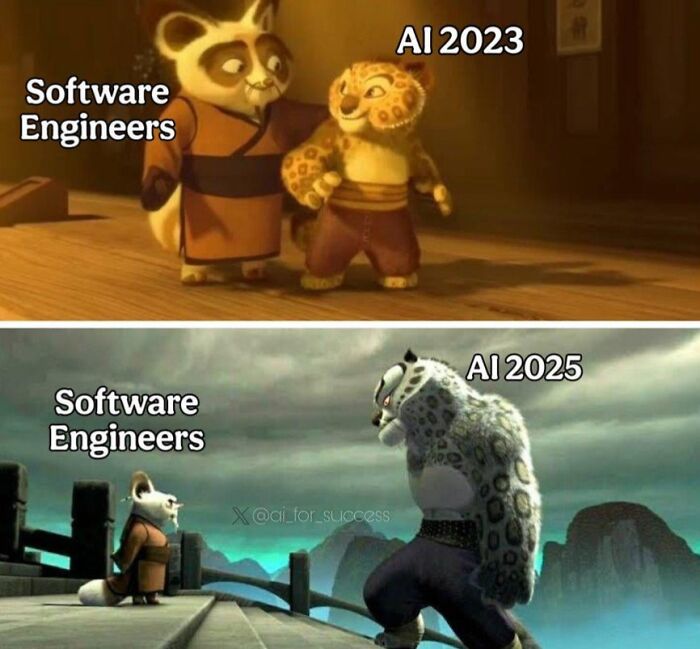 Funny AI meme comparing Software Engineers and AI in 2023 vs 2025, from Kung Fu Panda.