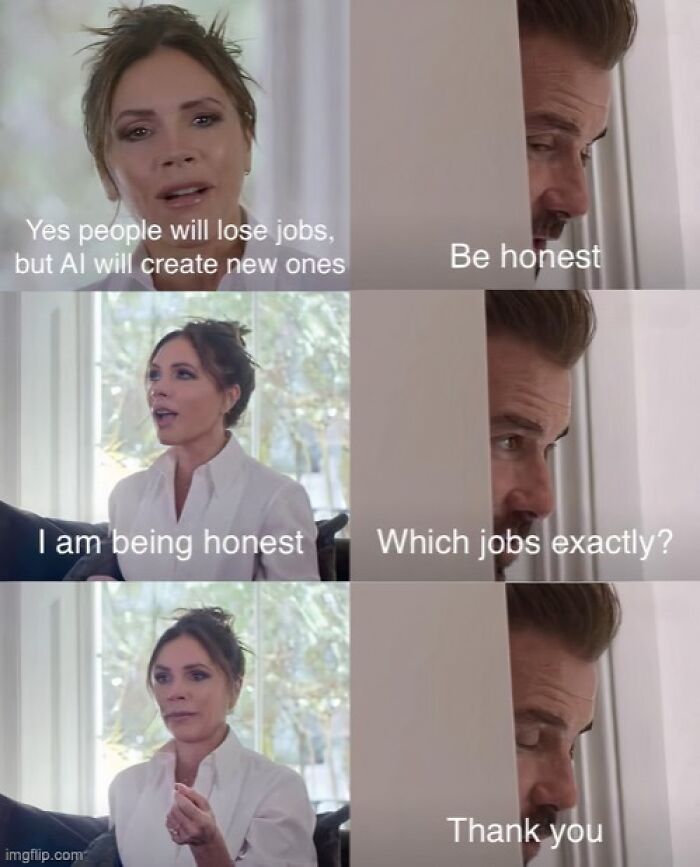 Meme featuring Victoria Beckham discussing jobs created by AI, with David peeking, a funny take on AI.