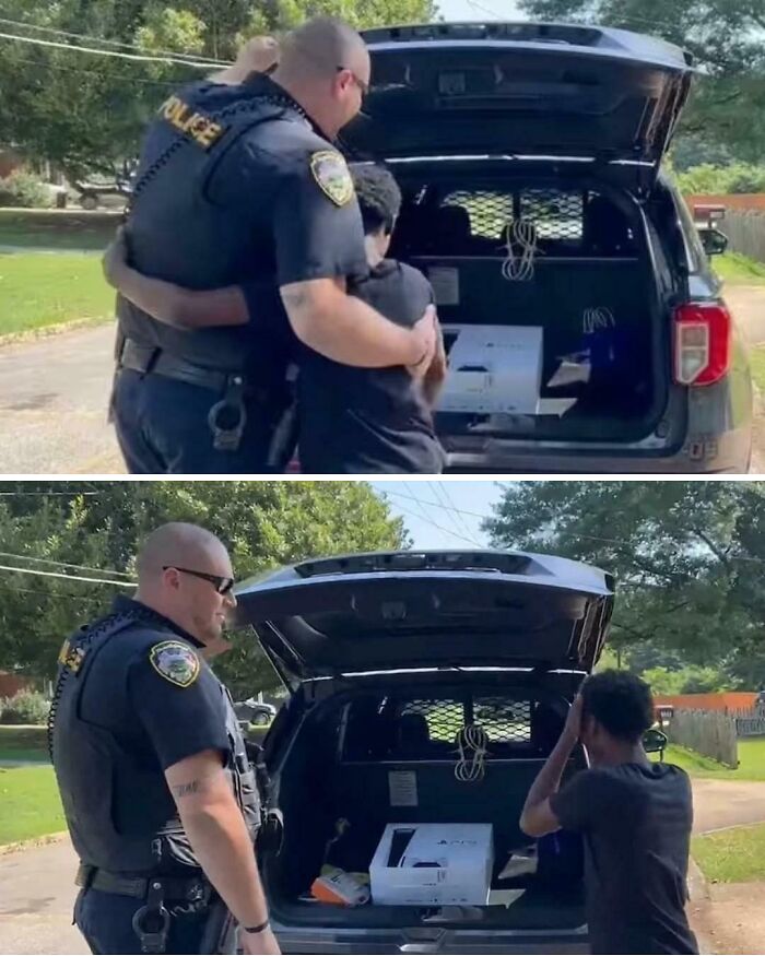 A police officer gifting a PlayStation to a surprised boy from the trunk of a car, providing aww-worthy photos to lift spirits.
