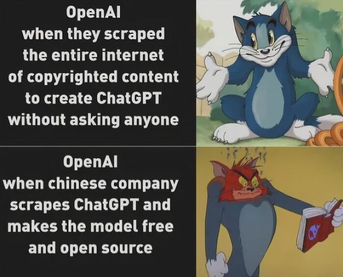 Funny AI memes comparing OpenAI's reactions to scraping content and getting scraped, humorous AI memes.