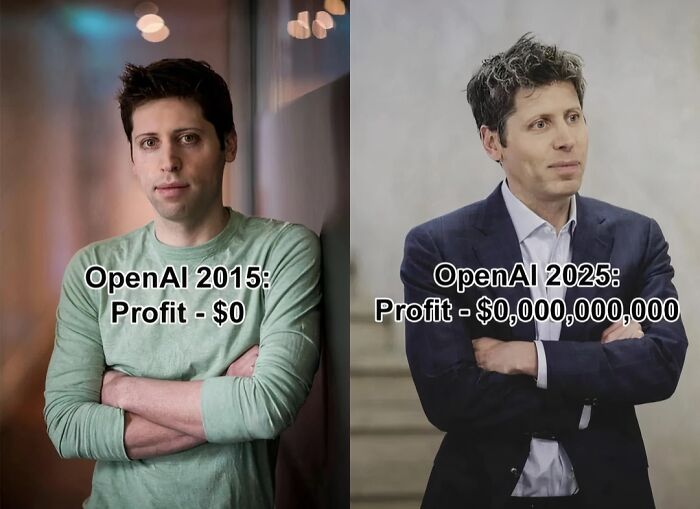 Funny AI meme showing OpenAI's profit change from 2015 to 2025, highlighting AI's growth.