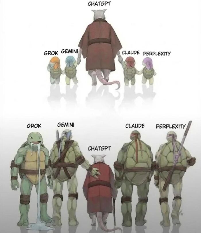 A funny meme showing ChatGPT as Splinter leading younger AI models like Teenage Mutant Ninja Turtles, a relatable AI meme.