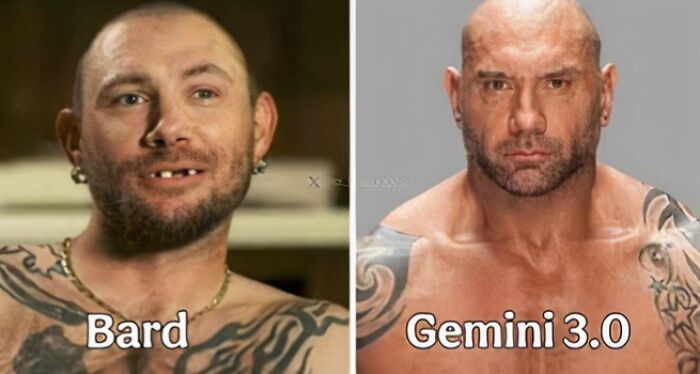 A funny AI meme comparing Bard to a man with missing teeth and Gemini 3.0 to a muscular, serious man.
