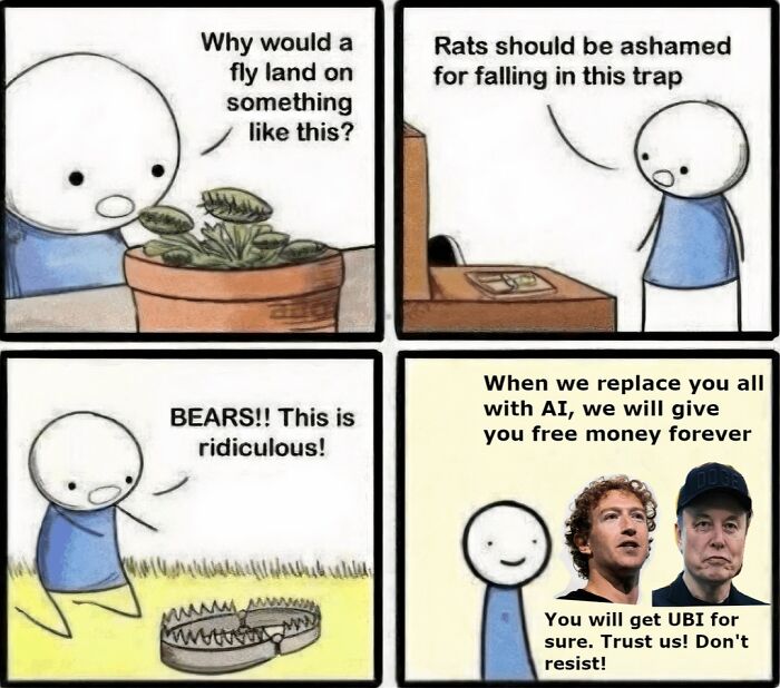 A comic strip about traps, ending with a funny AI meme featuring Mark Zuckerberg and Elon Musk offering free money.
