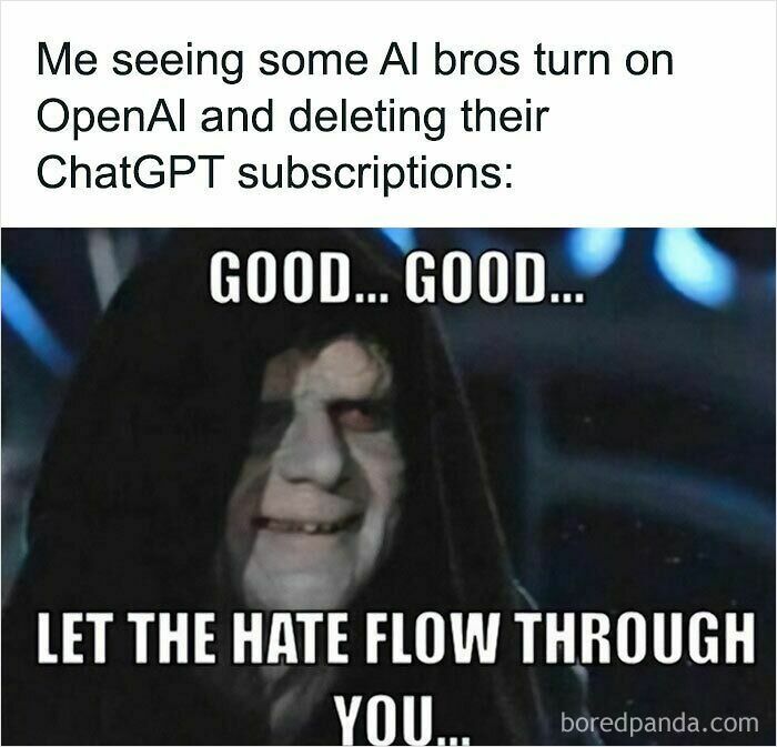 Funny AI meme: Emperor Palpatine from Star Wars smiling, saying GOOD... GOOD... LET THE HATE FLOW THROUGH YOU...