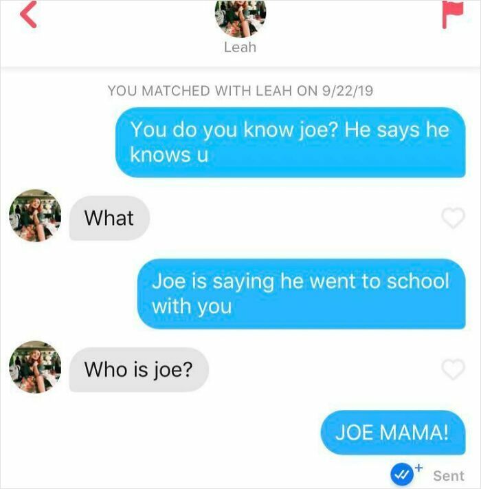 Funny Tinder Texts Messages showing a Joe Mama joke exchange between two users.