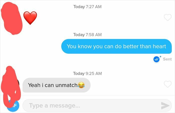 Funny Tinder Texts Messages: A user responds to a heart emoji with 'Yeah I can unmatch' and a laughing emoji.