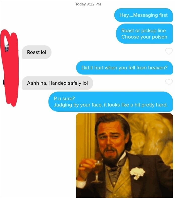 Funny Tinder Texts Messages with a roast battle using pickup lines and a Leonardo DiCaprio meme.