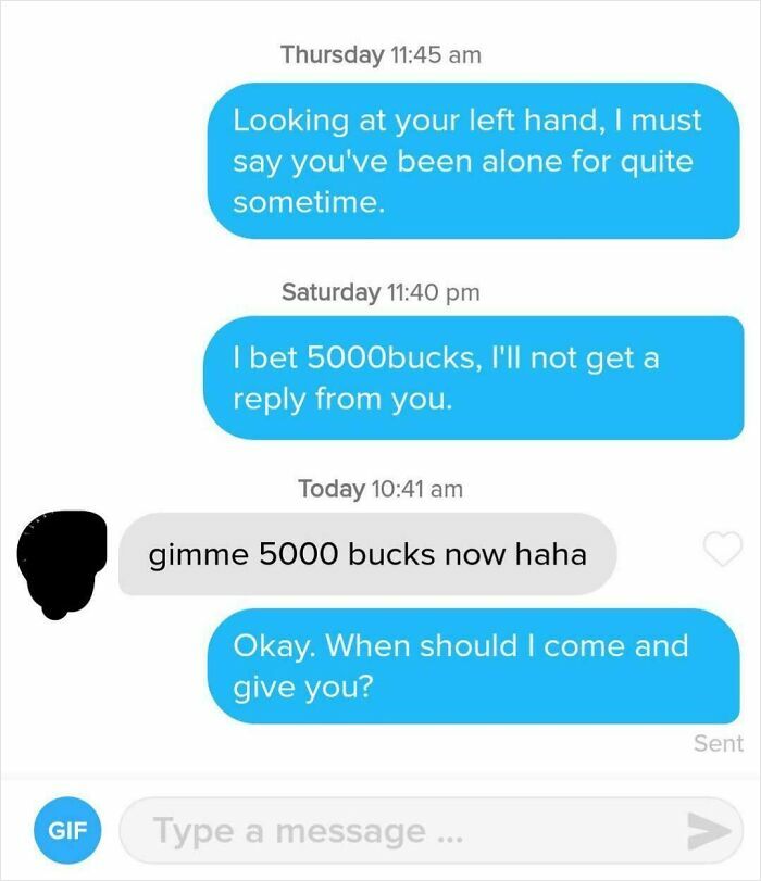 A screenshot of funny Tinder texts with a user betting 5000 bucks they will not get a reply.